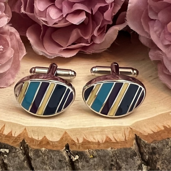 Oval Navy, Blue, Silver and Yellow Stripe Cufflinks - Picture 6 of 16